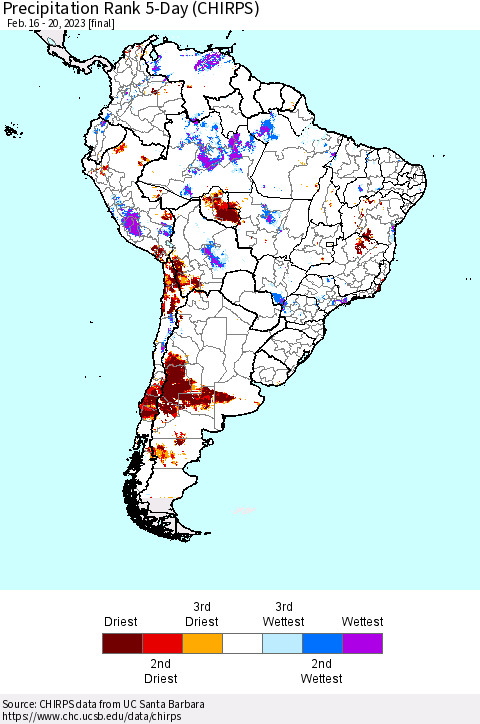 South America Precipitation Rank since 1981, 5-Day (CHIRPS) Thematic Map For 2/16/2023 - 2/20/2023