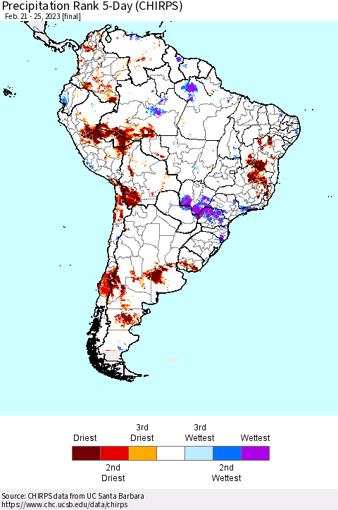South America Precipitation Rank since 1981, 5-Day (CHIRPS) Thematic Map For 2/21/2023 - 2/25/2023