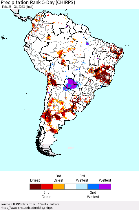South America Precipitation Rank since 1981, 5-Day (CHIRPS) Thematic Map For 2/26/2023 - 2/28/2023