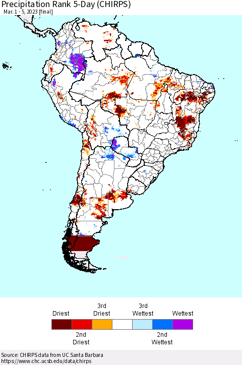 South America Precipitation Rank since 1981, 5-Day (CHIRPS) Thematic Map For 3/1/2023 - 3/5/2023