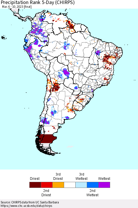 South America Precipitation Rank since 1981, 5-Day (CHIRPS) Thematic Map For 3/6/2023 - 3/10/2023