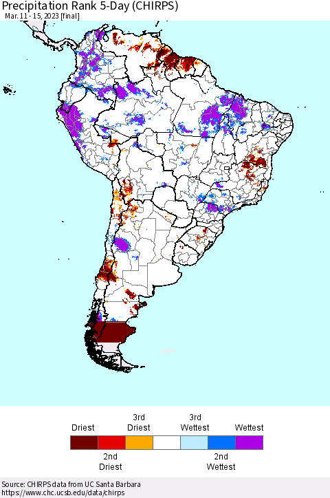 South America Precipitation Rank since 1981, 5-Day (CHIRPS) Thematic Map For 3/11/2023 - 3/15/2023
