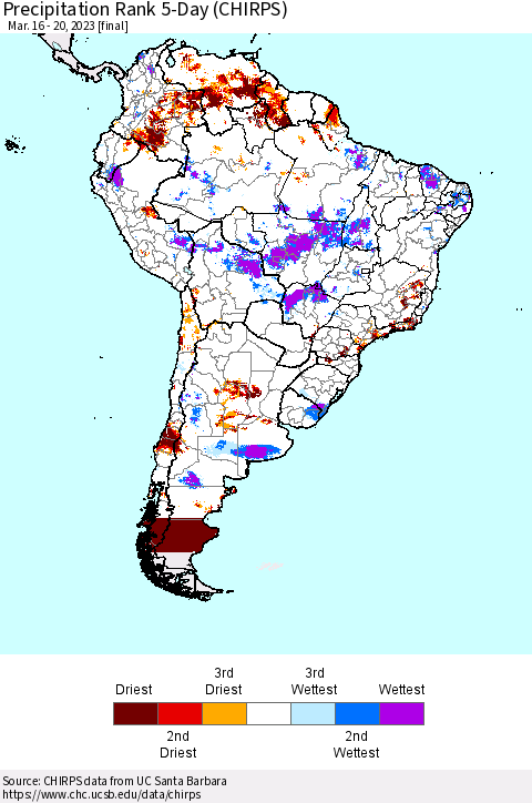 South America Precipitation Rank since 1981, 5-Day (CHIRPS) Thematic Map For 3/16/2023 - 3/20/2023
