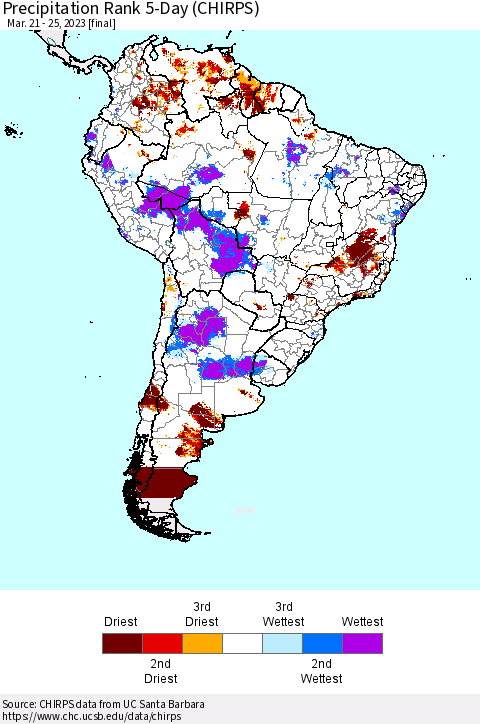 South America Precipitation Rank since 1981, 5-Day (CHIRPS) Thematic Map For 3/21/2023 - 3/25/2023