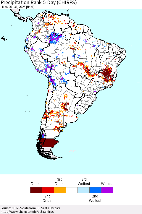 South America Precipitation Rank since 1981, 5-Day (CHIRPS) Thematic Map For 3/26/2023 - 3/31/2023