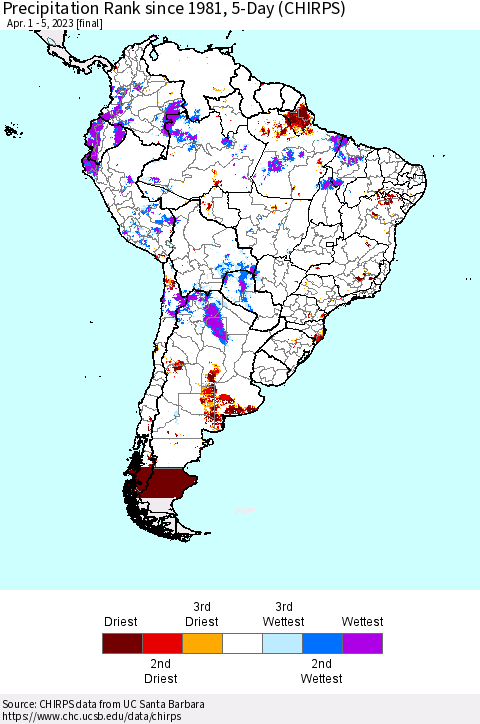 South America Precipitation Rank since 1981, 5-Day (CHIRPS) Thematic Map For 4/1/2023 - 4/5/2023