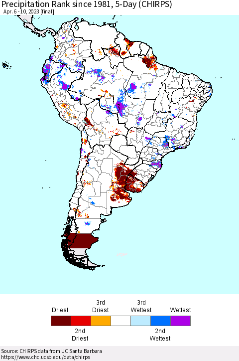 South America Precipitation Rank since 1981, 5-Day (CHIRPS) Thematic Map For 4/6/2023 - 4/10/2023