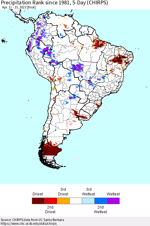 South America Precipitation Rank since 1981, 5-Day (CHIRPS) Thematic Map For 4/11/2023 - 4/15/2023