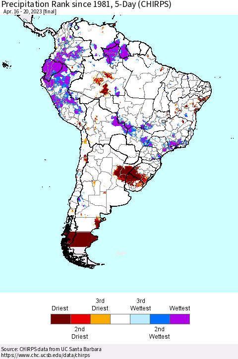 South America Precipitation Rank since 1981, 5-Day (CHIRPS) Thematic Map For 4/16/2023 - 4/20/2023