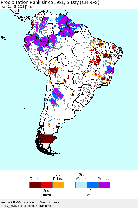 South America Precipitation Rank since 1981, 5-Day (CHIRPS) Thematic Map For 4/21/2023 - 4/25/2023