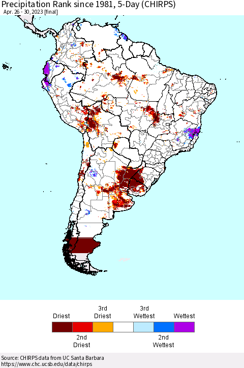 South America Precipitation Rank since 1981, 5-Day (CHIRPS) Thematic Map For 4/26/2023 - 4/30/2023