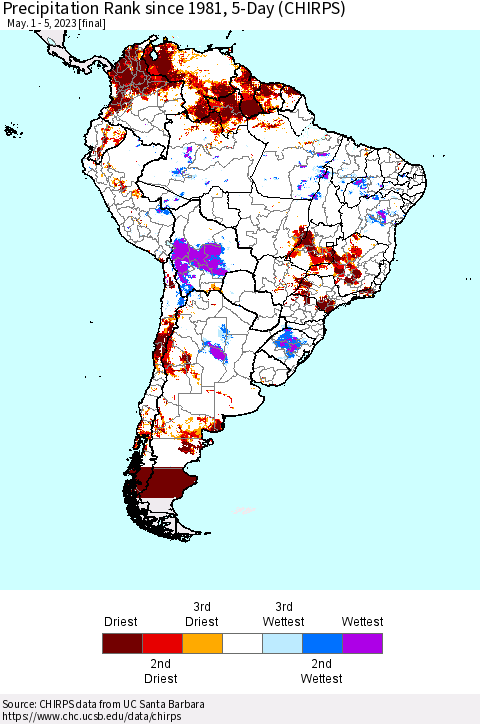 South America Precipitation Rank since 1981, 5-Day (CHIRPS) Thematic Map For 5/1/2023 - 5/5/2023
