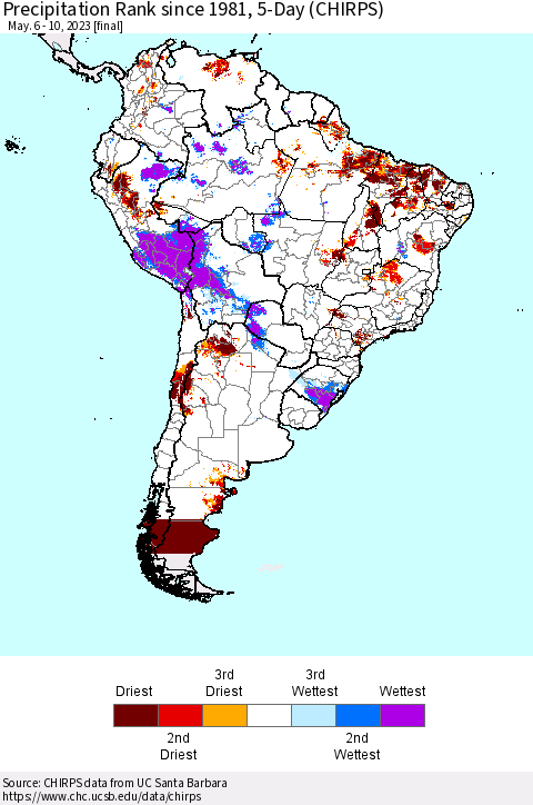 South America Precipitation Rank since 1981, 5-Day (CHIRPS) Thematic Map For 5/6/2023 - 5/10/2023