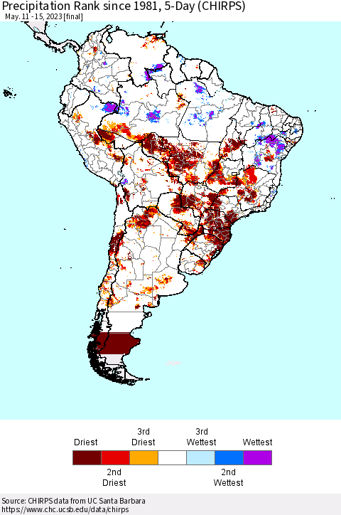South America Precipitation Rank since 1981, 5-Day (CHIRPS) Thematic Map For 5/11/2023 - 5/15/2023