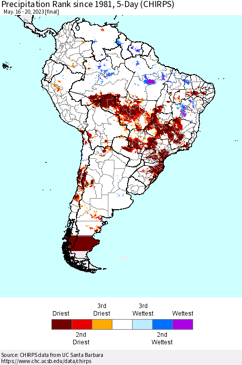 South America Precipitation Rank since 1981, 5-Day (CHIRPS) Thematic Map For 5/16/2023 - 5/20/2023