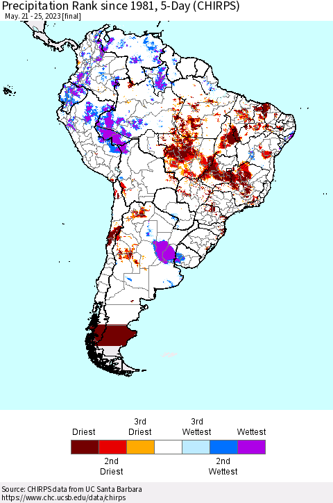 South America Precipitation Rank since 1981, 5-Day (CHIRPS) Thematic Map For 5/21/2023 - 5/25/2023