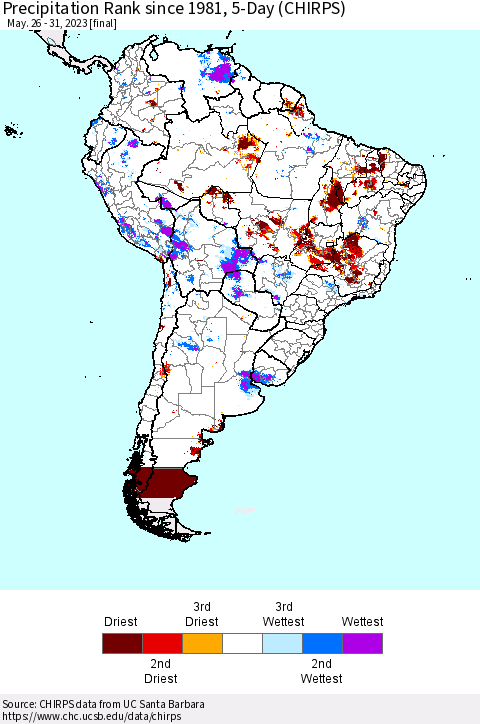 South America Precipitation Rank since 1981, 5-Day (CHIRPS) Thematic Map For 5/26/2023 - 5/31/2023