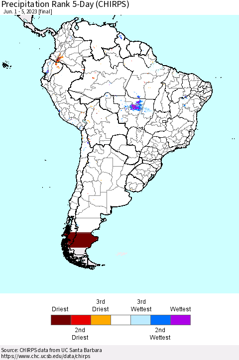 South America Precipitation Rank since 1981, 5-Day (CHIRPS) Thematic Map For 6/1/2023 - 6/5/2023