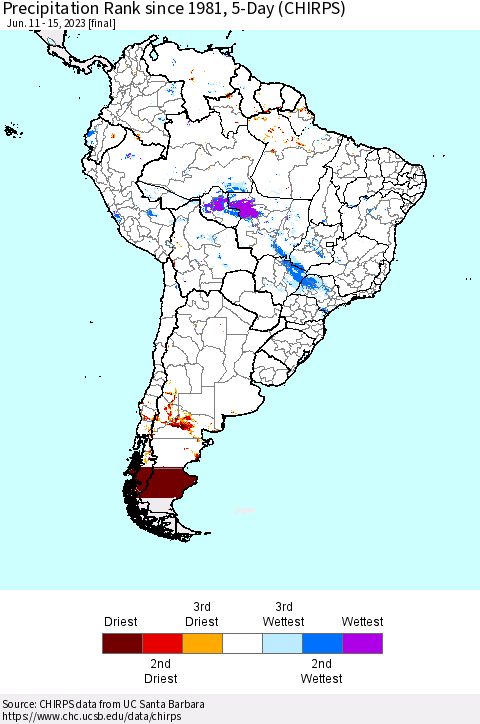 South America Precipitation Rank since 1981, 5-Day (CHIRPS) Thematic Map For 6/11/2023 - 6/15/2023