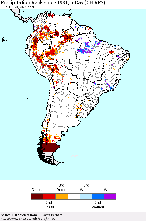 South America Precipitation Rank since 1981, 5-Day (CHIRPS) Thematic Map For 6/16/2023 - 6/20/2023