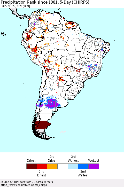 South America Precipitation Rank since 1981, 5-Day (CHIRPS) Thematic Map For 6/21/2023 - 6/25/2023