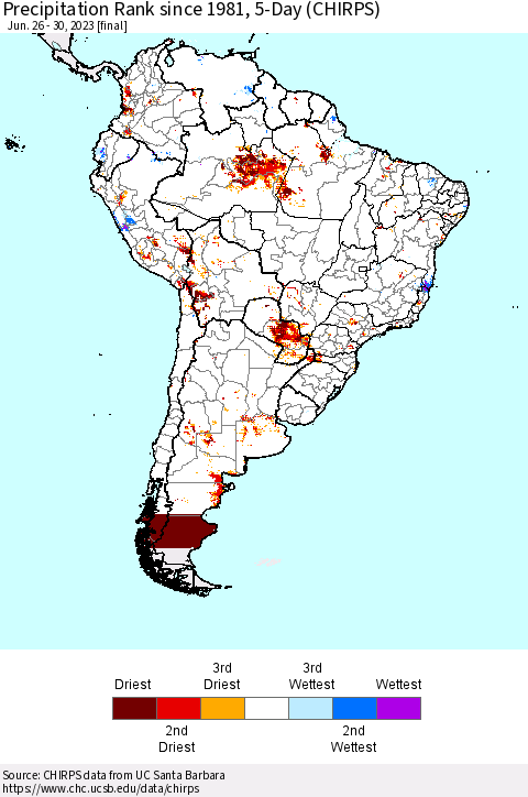 South America Precipitation Rank since 1981, 5-Day (CHIRPS) Thematic Map For 6/26/2023 - 6/30/2023
