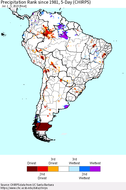 South America Precipitation Rank since 1981, 5-Day (CHIRPS) Thematic Map For 7/1/2023 - 7/5/2023