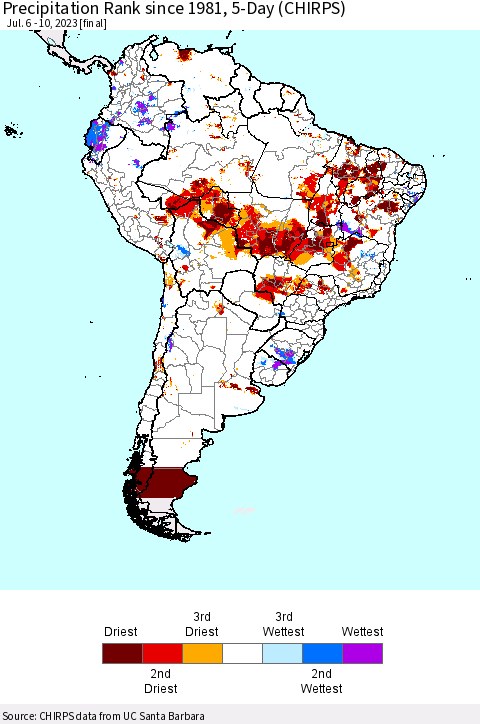 South America Precipitation Rank since 1981, 5-Day (CHIRPS) Thematic Map For 7/6/2023 - 7/10/2023