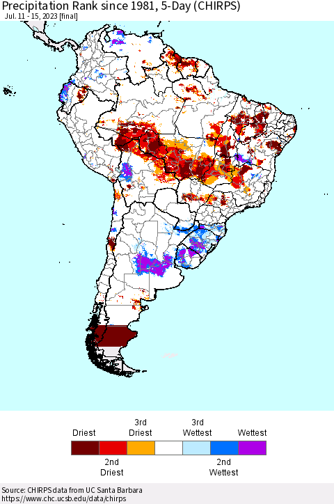 South America Precipitation Rank since 1981, 5-Day (CHIRPS) Thematic Map For 7/11/2023 - 7/15/2023