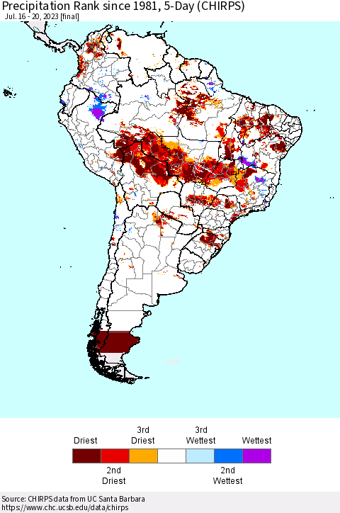 South America Precipitation Rank since 1981, 5-Day (CHIRPS) Thematic Map For 7/16/2023 - 7/20/2023