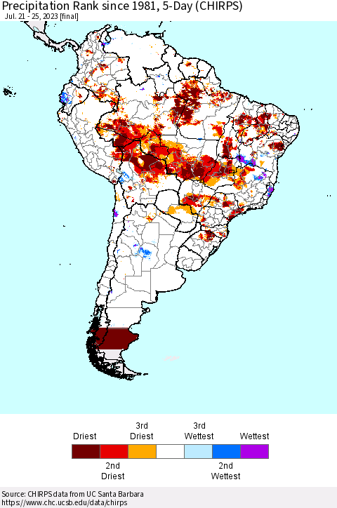 South America Precipitation Rank since 1981, 5-Day (CHIRPS) Thematic Map For 7/21/2023 - 7/25/2023