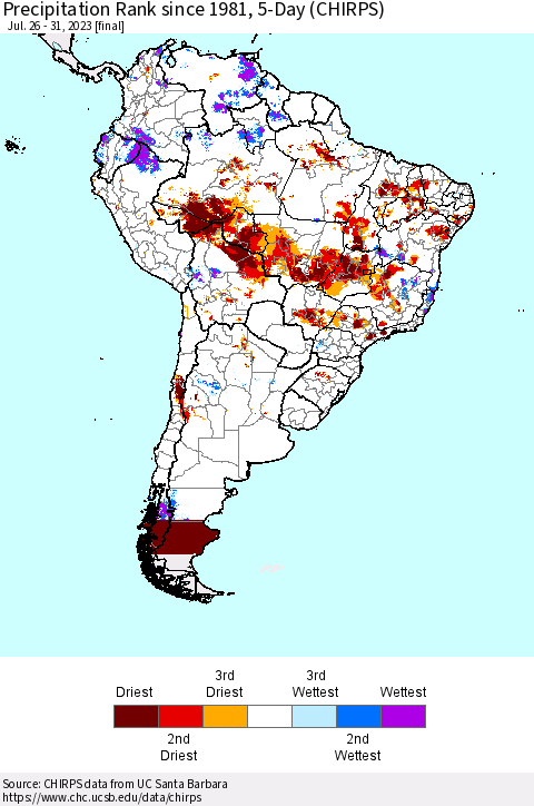 South America Precipitation Rank since 1981, 5-Day (CHIRPS) Thematic Map For 7/26/2023 - 7/31/2023