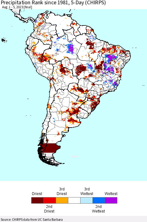 South America Precipitation Rank since 1981, 5-Day (CHIRPS) Thematic Map For 8/1/2023 - 8/5/2023