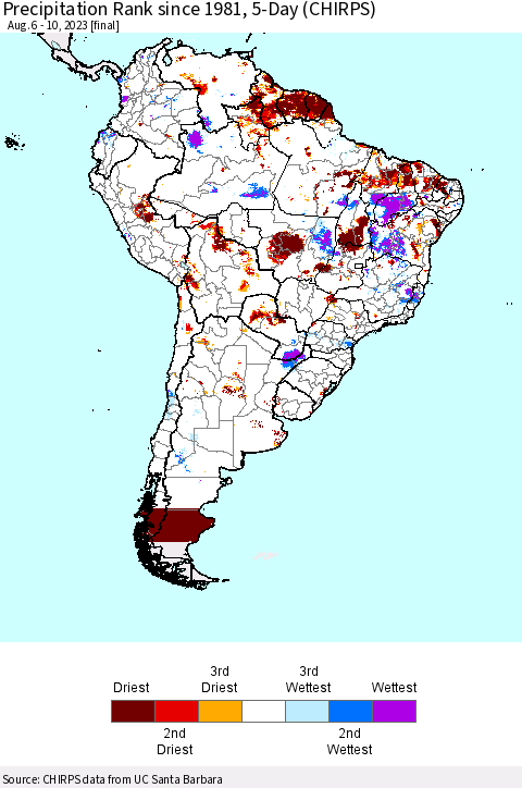 South America Precipitation Rank since 1981, 5-Day (CHIRPS) Thematic Map For 8/6/2023 - 8/10/2023