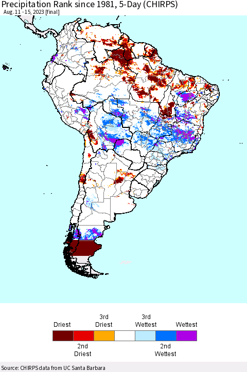 South America Precipitation Rank since 1981, 5-Day (CHIRPS) Thematic Map For 8/11/2023 - 8/15/2023