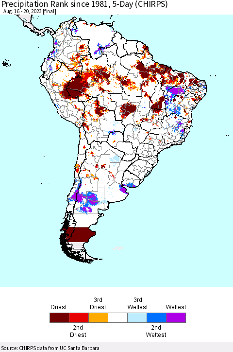 South America Precipitation Rank since 1981, 5-Day (CHIRPS) Thematic Map For 8/16/2023 - 8/20/2023