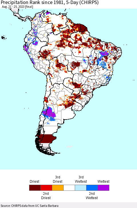 South America Precipitation Rank since 1981, 5-Day (CHIRPS) Thematic Map For 8/21/2023 - 8/25/2023