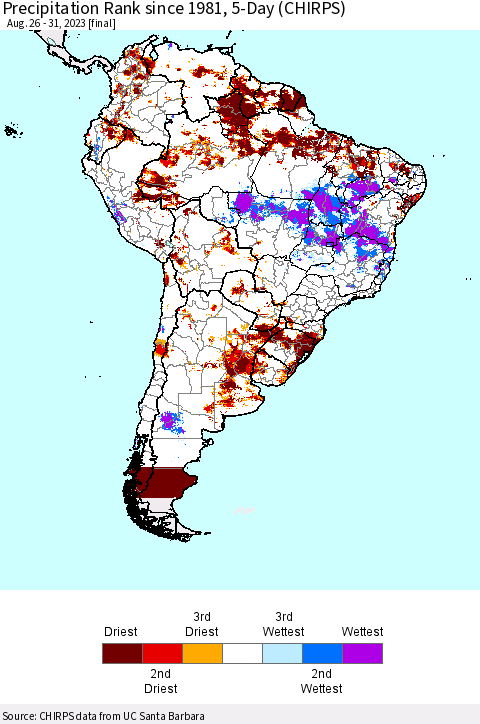 South America Precipitation Rank since 1981, 5-Day (CHIRPS) Thematic Map For 8/26/2023 - 8/31/2023
