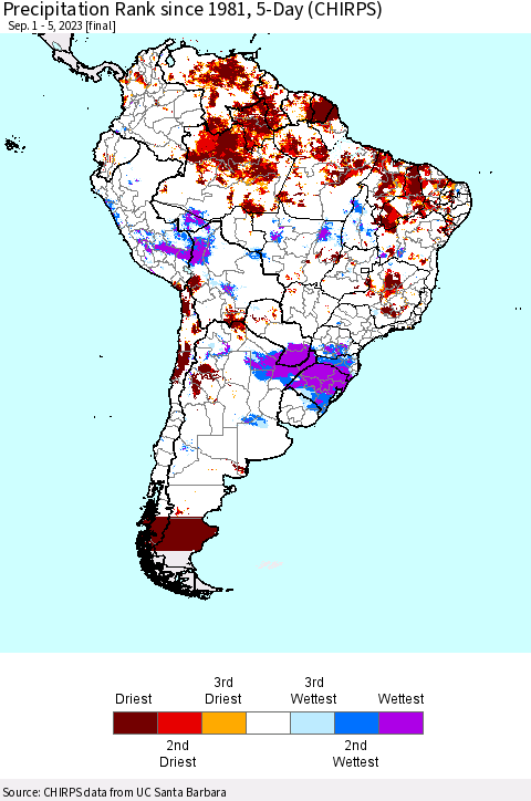 South America Precipitation Rank since 1981, 5-Day (CHIRPS) Thematic Map For 9/1/2023 - 9/5/2023