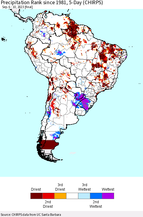 South America Precipitation Rank since 1981, 5-Day (CHIRPS) Thematic Map For 9/6/2023 - 9/10/2023
