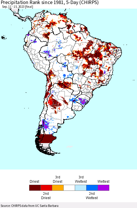 South America Precipitation Rank since 1981, 5-Day (CHIRPS) Thematic Map For 9/11/2023 - 9/15/2023