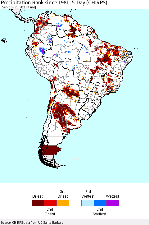 South America Precipitation Rank since 1981, 5-Day (CHIRPS) Thematic Map For 9/16/2023 - 9/20/2023