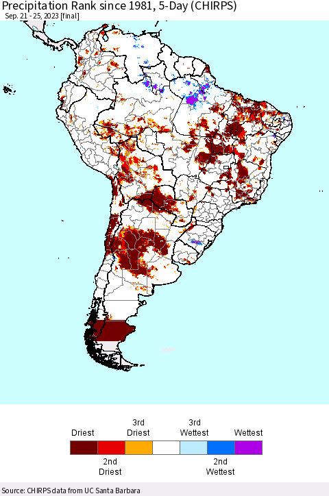 South America Precipitation Rank since 1981, 5-Day (CHIRPS) Thematic Map For 9/21/2023 - 9/25/2023