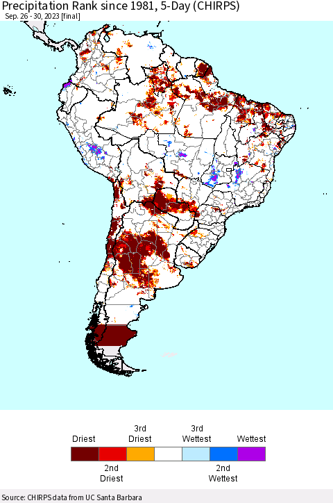 South America Precipitation Rank since 1981, 5-Day (CHIRPS) Thematic Map For 9/26/2023 - 9/30/2023