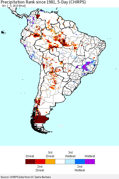 South America Precipitation Rank since 1981, 5-Day (CHIRPS) Thematic Map For 10/1/2023 - 10/5/2023