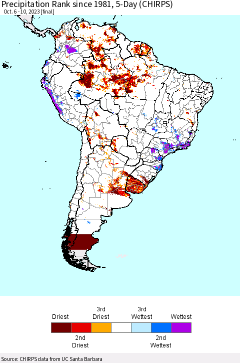 South America Precipitation Rank since 1981, 5-Day (CHIRPS) Thematic Map For 10/6/2023 - 10/10/2023