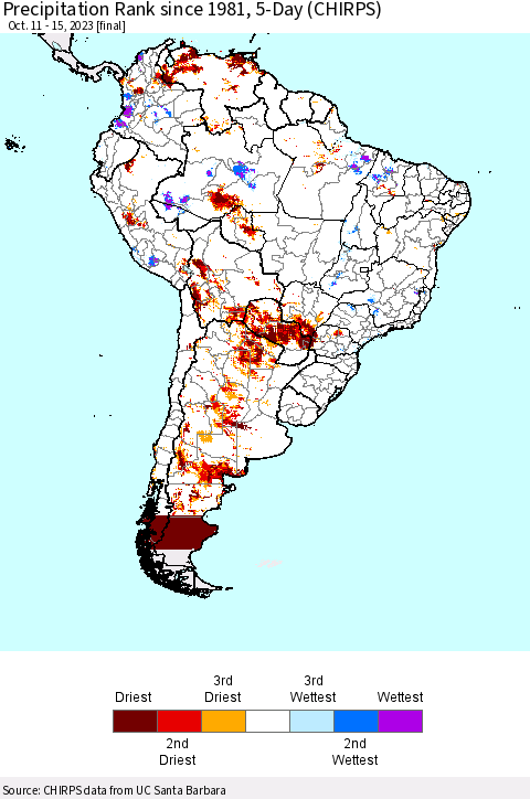South America Precipitation Rank since 1981, 5-Day (CHIRPS) Thematic Map For 10/11/2023 - 10/15/2023