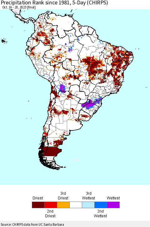 South America Precipitation Rank since 1981, 5-Day (CHIRPS) Thematic Map For 10/16/2023 - 10/20/2023