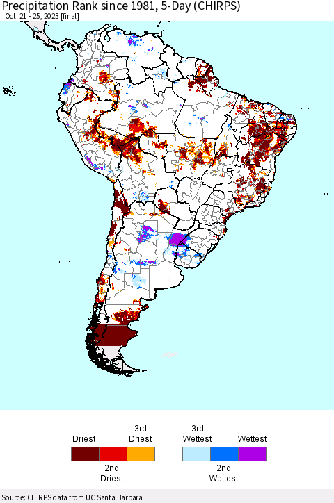 South America Precipitation Rank since 1981, 5-Day (CHIRPS) Thematic Map For 10/21/2023 - 10/25/2023