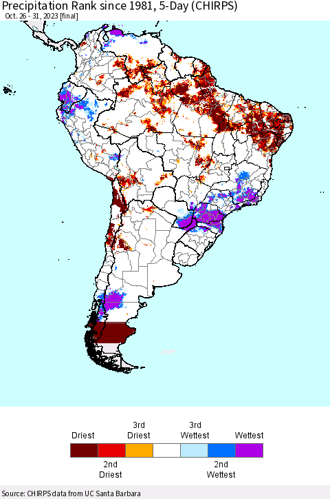 South America Precipitation Rank since 1981, 5-Day (CHIRPS) Thematic Map For 10/26/2023 - 10/31/2023